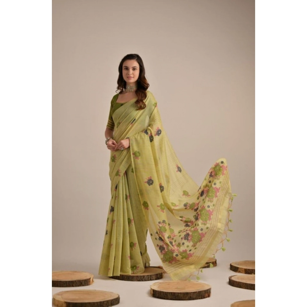 Women's Blended_Cotton Floral Motifs And Woven Buttas Saree With Unstitched Blouse 5.5Mtr (Light_Green) Women's Blended_Cotton Floral Motifs And Woven Buttas Saree With Unstitched Blouse 5.5Mtr (Light_Green)