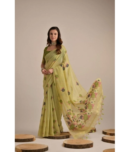 Women's Blended_Cotton Floral Motifs And Woven Buttas Saree With Unstitched Blouse 5.5Mtr (Light_Green)