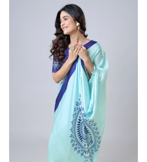 Women's Soft Crepe Silk Printed Ready To Wear Saree With Unstitched Blouse 5.5Mtr (Turquoise)