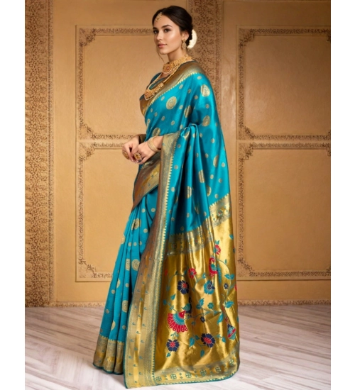 Women's Silk Blend Paithani Saree With Unstitched Blouse 5.5Mtr (Rama)