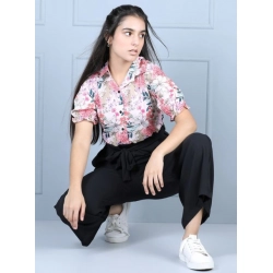 Girl's Polyester Floral Short Sleeves Jumpsuit (White-Black)
