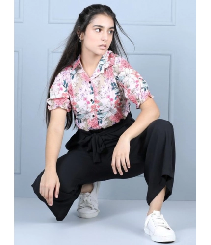 Girl's Polyester Floral Short Sleeves Jumpsuit (White-Black)