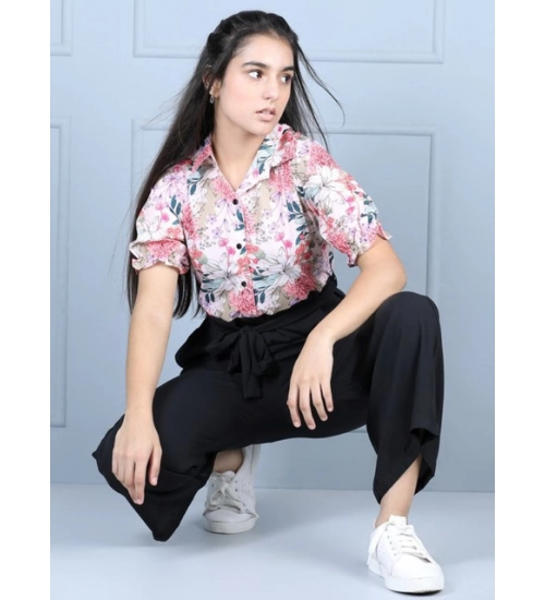Girl's Polyester Floral Short Sleeves Jumpsuit (White-Black)