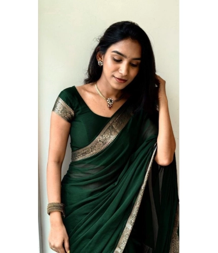 Women's Vichitra Silk Printed Saree With Unstitched Blouse 5.5Mtr (Green)