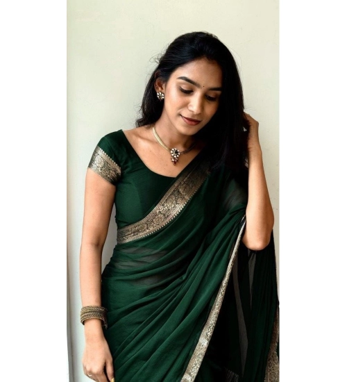 Women's Vichitra Silk Printed Saree With Unstitched Blouse 5.5Mtr (Green)