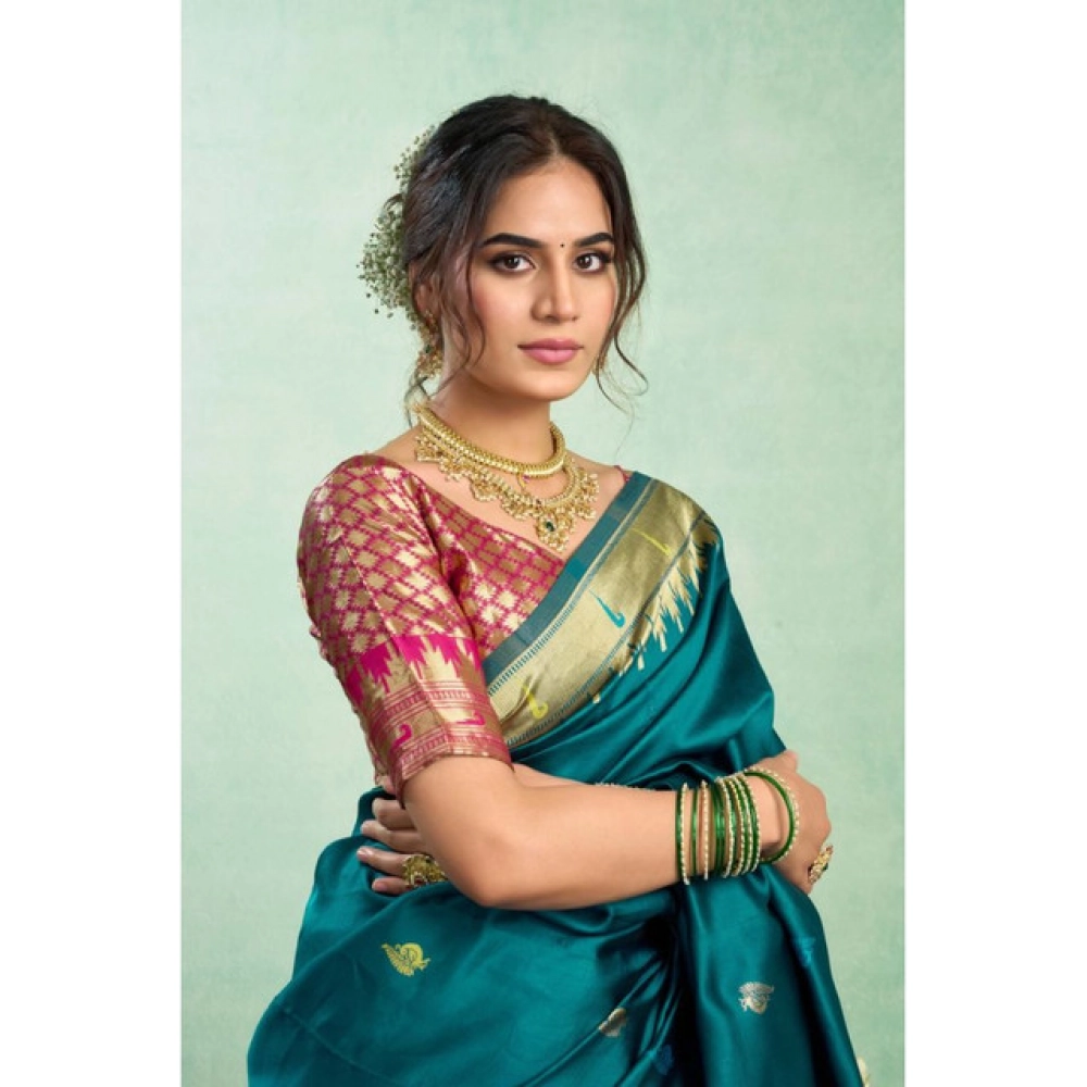 Women's Silk Blend Woven Saree With Unstitched Blouse 5.5 Mtr (Teal)