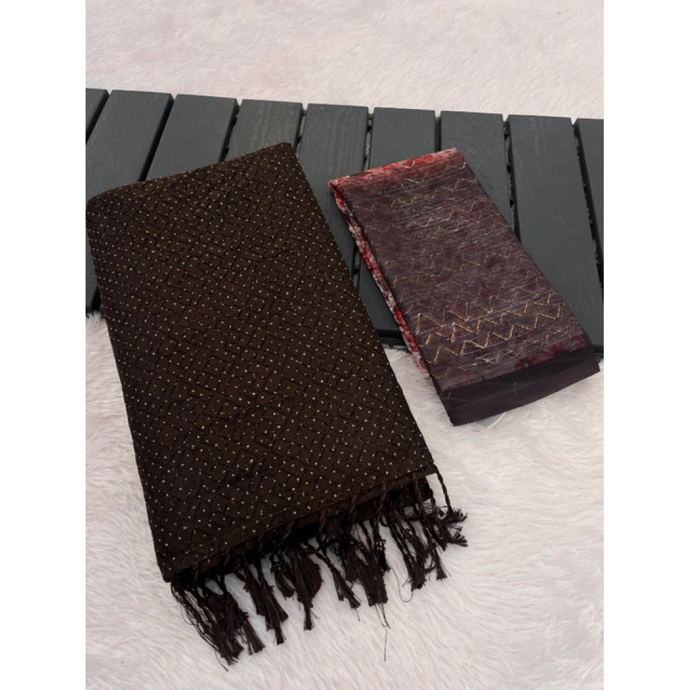 Women's Chiffon Zigzag lines Saree With Unstitched Blouse 5.5Mtr (Brown) Women's Chiffon Zigzag lines Saree With Unstitched Blouse 5.5Mtr (Brown)