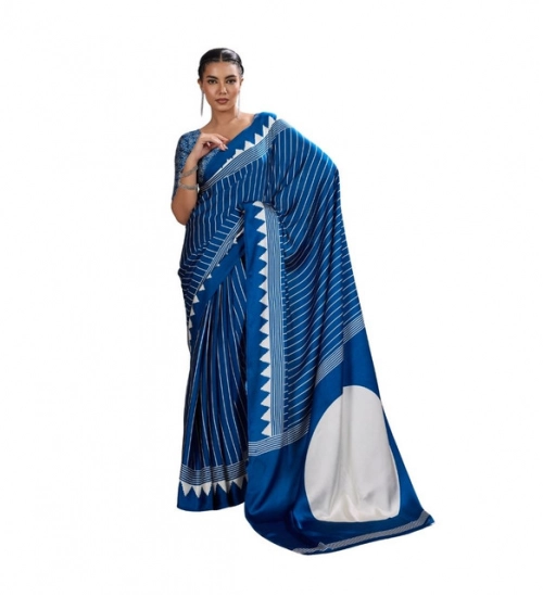 Women's Satin Crepe Printed Saree With Unstitched Blouse 5.5Mtr (Blue)