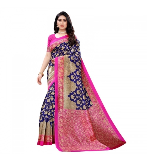 Women's Litchi silk Printed Saree With Unstitched Blouse  5-6 Mtrs (Blue)