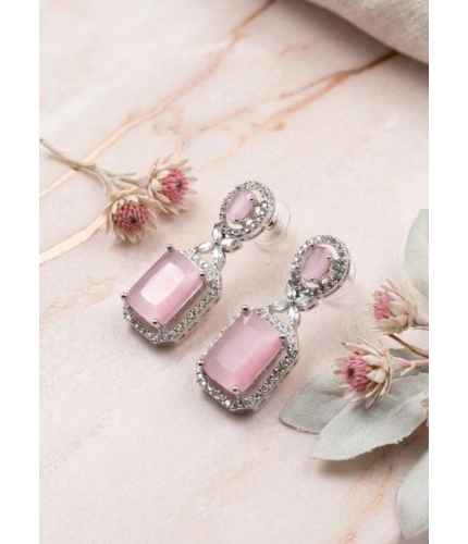 Women's Brass Silver Plated Drop Earrings (Pink)