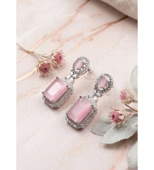 Women's Brass Silver Plated Drop Earrings (Pink)
