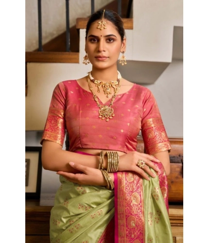 Women's Silk Blend Booti Work Ready to wear Saree With Unstitched Blouse 5.5Mtr (Green)