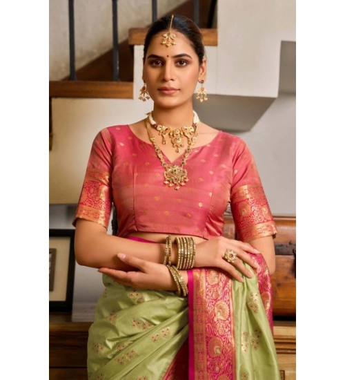 Women's Silk Blend Booti Work Ready to wear Saree With Unstitched Blouse 5.5Mtr (Green)