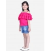 Girl's Rayon Solid Cold Shoulder Top with Shorts (Pink-Blue)