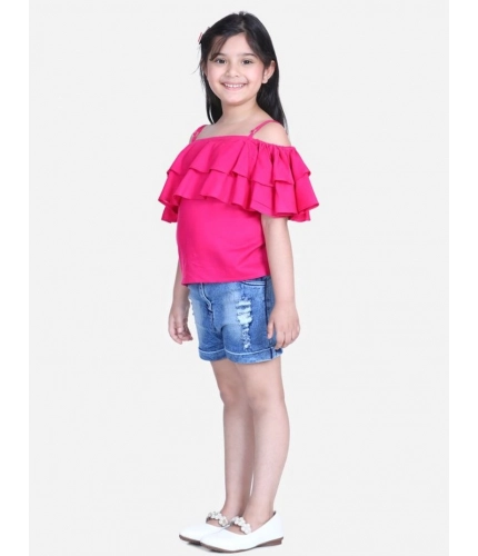 Girl's Rayon Solid Cold Shoulder Top with Shorts (Pink-Blue)