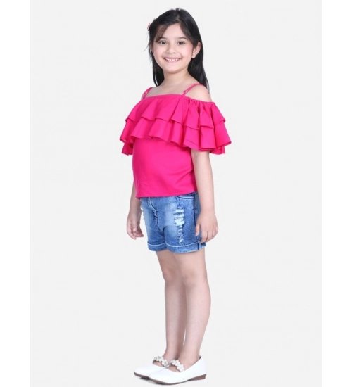 Girl's Rayon Solid Cold Shoulder Top with Shorts (Pink-Blue) Girl's Rayon Solid Cold Shoulder Top with Shorts (Pink-Blue)