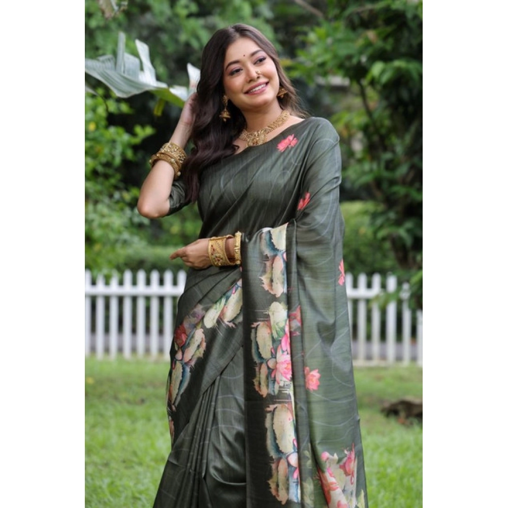 Women's Faux_Tussar Floral Saree With Unstitched Blouse 5.5Mtr (Olive) Women's Faux_Tussar Floral Saree With Unstitched Blouse 5.5Mtr (Olive)