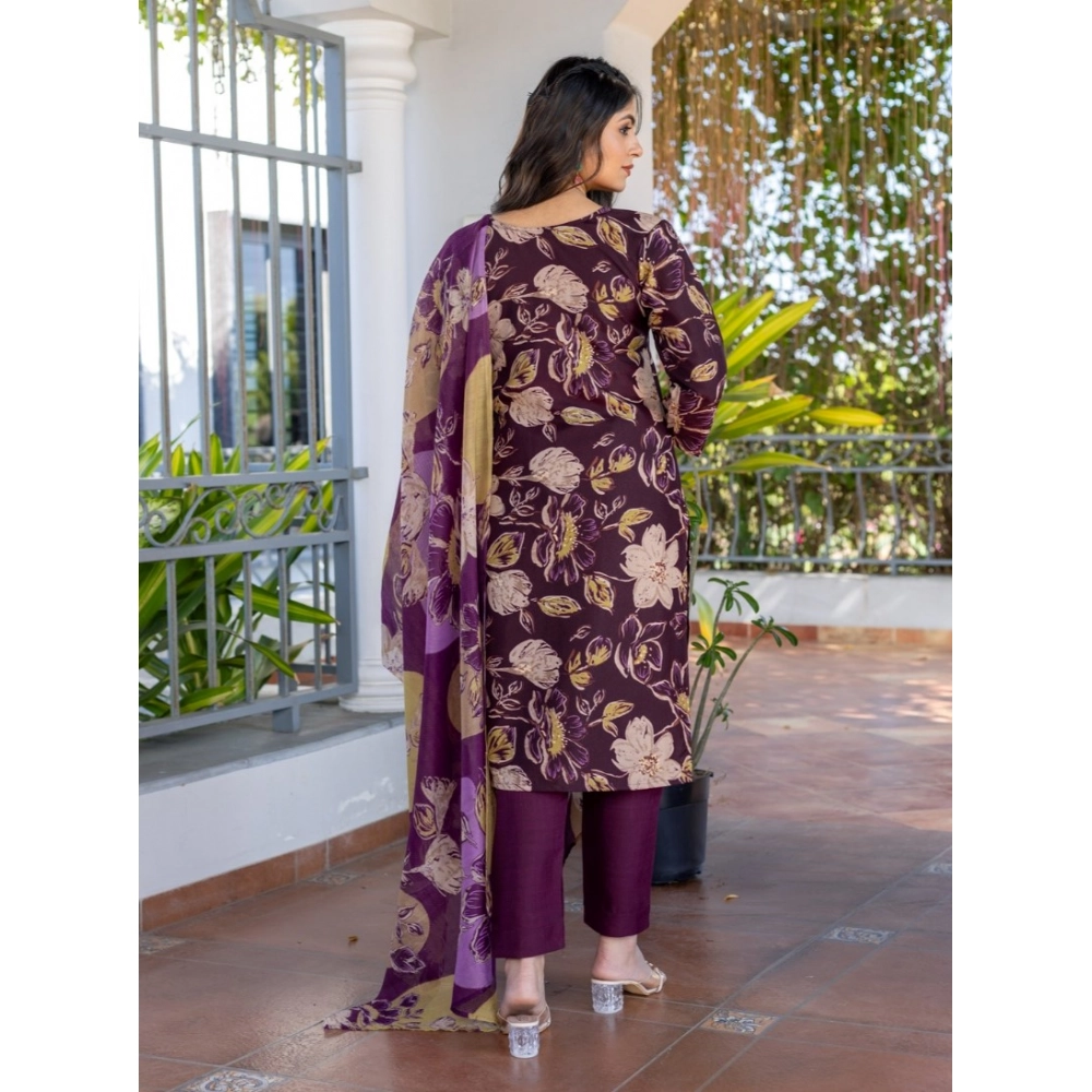 Women's Cotton Blend Printed Kurti With Pant Dupatta Set (Purple) Women's Cotton Blend Printed Kurti With Pant Dupatta Set (Purple)
