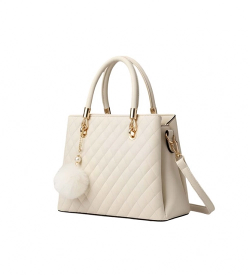 Women's PU Leather Solid Shoulder Zipper Handbag (Cream)