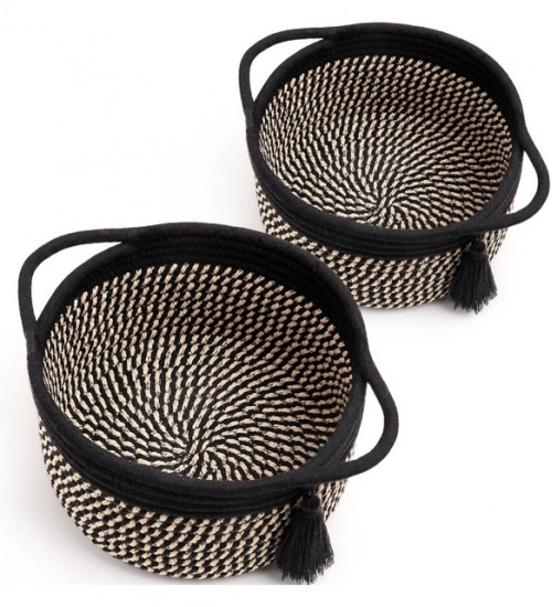 Cotton 8x4 Inch Round 2 Set With Jhalar Bedside Organizer (Black Beige)