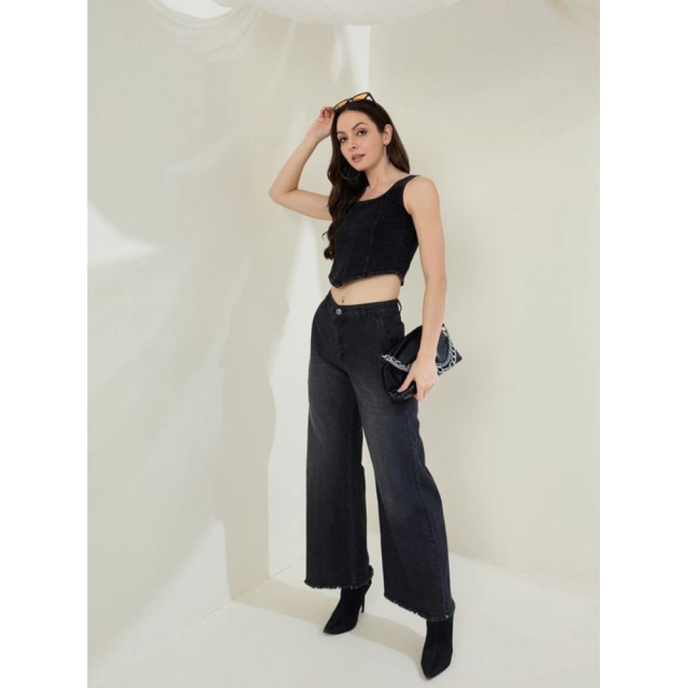 Women's Denim Lycra Solid Sleeveless Top (Black)