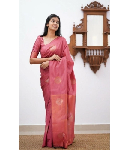 Women's Litchi silk Printed Saree With Unstitched Blouse (Peach)
