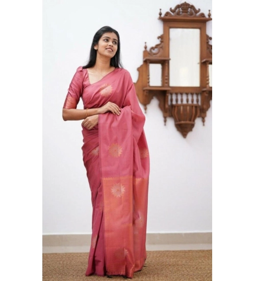 Women's Litchi silk Printed Saree With Unstitched Blouse (Peach)