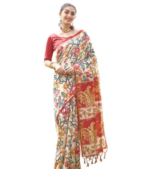 Women's Faux_Tussar Kalamkari_Print Saree With Unstitched Blouse 5.5Mtr (Red) Women's Faux_Tussar Kalamkari_Print Saree With Unstitched Blouse 5.5Mtr (Red)