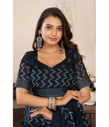 Women's Faux Linen Geometric Print Ready to wear Saree With Unstitched Blouse 5.5Mtr (Black)