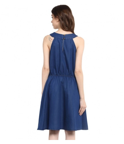 Women's Denim Solid Sleeveless Dress (Blue)