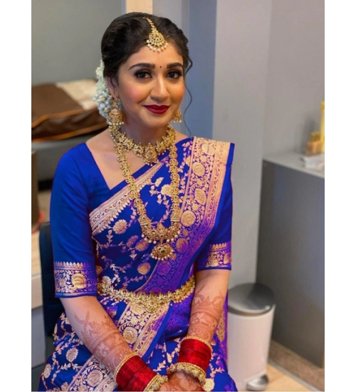 Women's Litchi silk Printed Saree With Unstitched Blouse (Navy Blue)