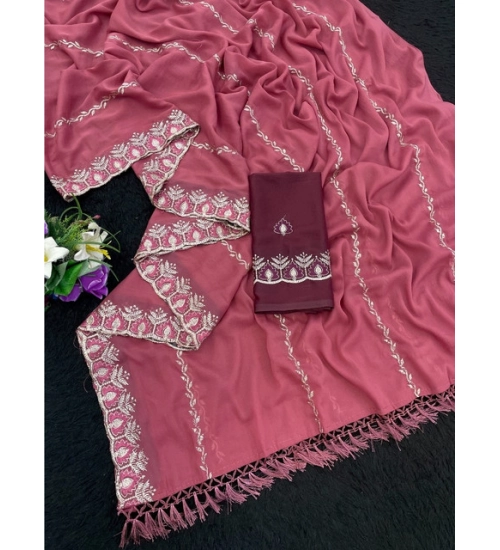 Women's Georgette Embroidered Saree With Unstitched Blouse 5.5Mtr (Red)