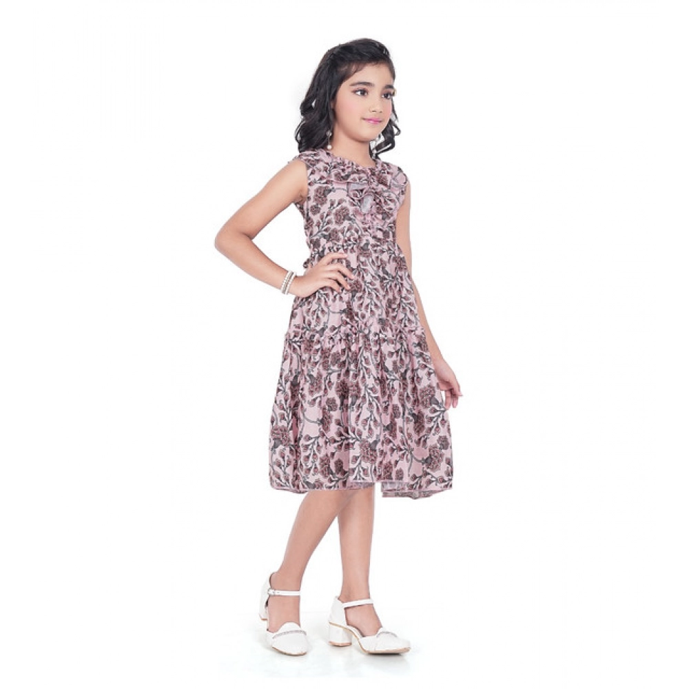 Girl's Digital Slub Printed Sleeve Less Round Neck Dress (Brown)