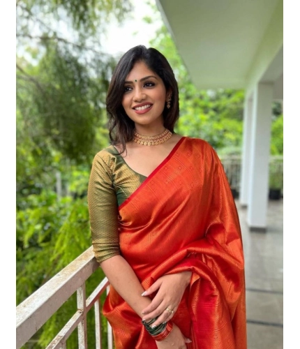 Women's Litchi silk Printed Saree With Unstitched Blouse (Red)