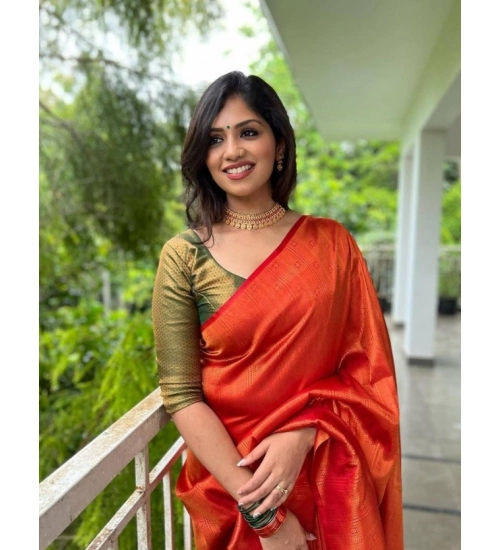 Women's Litchi silk Printed Saree With Unstitched Blouse (Red)