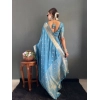 Women's Satin Printed Saree With Unstitched Blouse 5.5Mtr (light Blue)