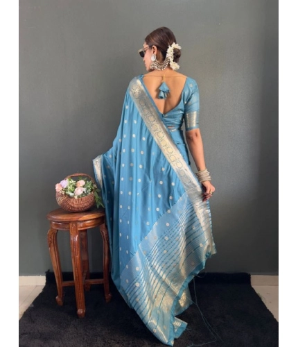 Women's Satin Printed Saree With Unstitched Blouse 5.5Mtr (light Blue)