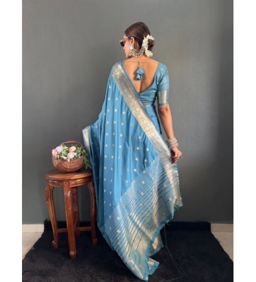 Women's Satin Printed Saree With Unstitched Blouse 5.5Mtr (light Blue)