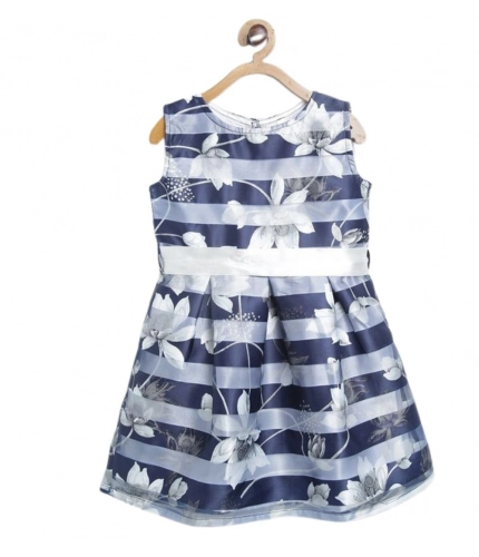 Girl's Polyester Striped Sleeveless Dress (Navy Blue)