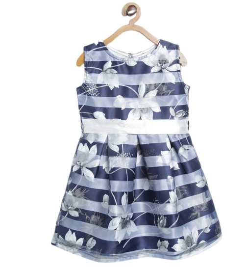 Girl's Polyester Striped Sleeveless Dress (Navy Blue)