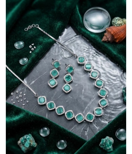 Women's Brass Silver Plated Necklace set (Turquoise)