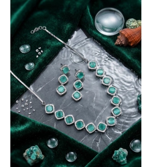 Women's Brass Silver Plated Necklace set (Turquoise)
