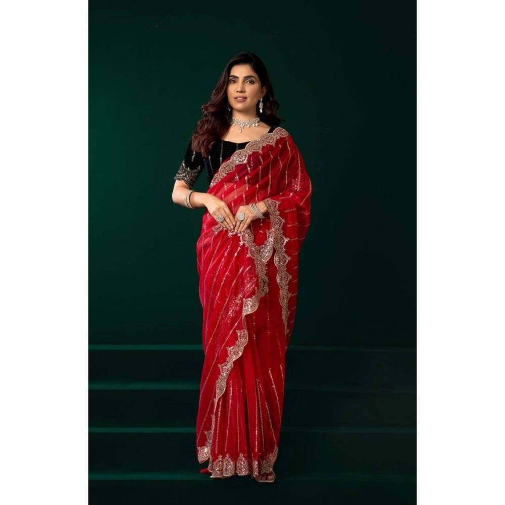 Women's Net Sequence Saree With Unstitched Blouse 5.5Mtr (Red) Women's Net Sequence Saree With Unstitched Blouse 5.5Mtr (Red)