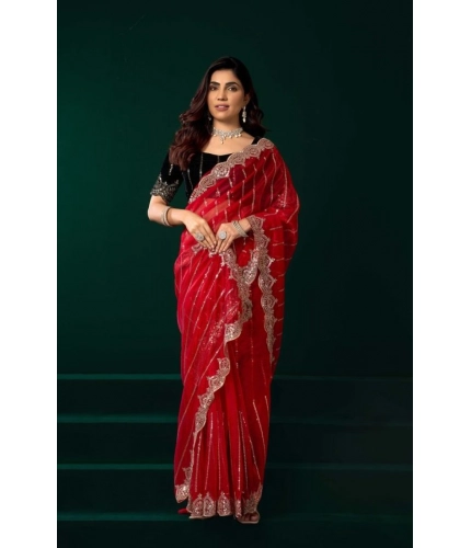 Women's Net Sequence Saree With Unstitched Blouse 5.5Mtr (Red)
