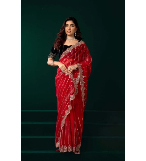 Women's Net Sequence Saree With Unstitched Blouse 5.5Mtr (Red)