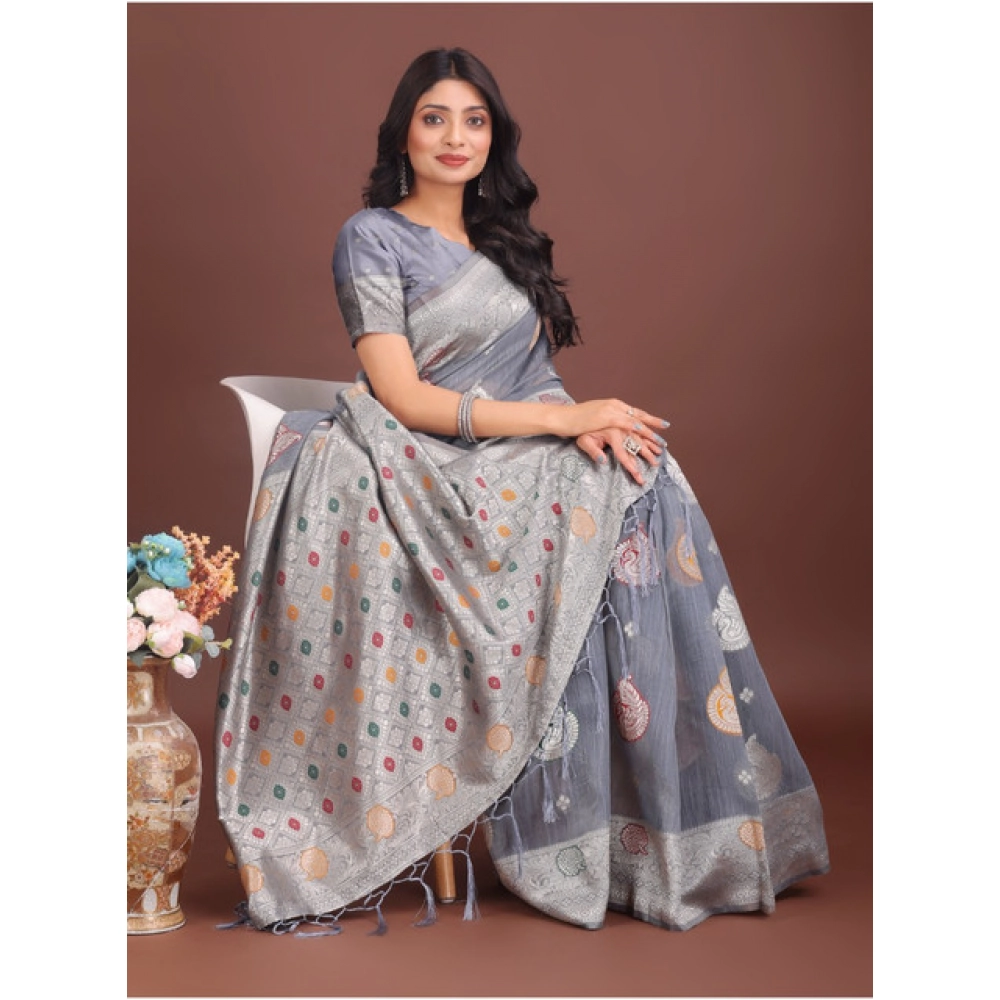 Women's Linen Cotton Printed Saree With Unstitched Blouse 5.5Mtr (Grey) Women's Linen Cotton Printed Saree With Unstitched Blouse 5.5Mtr (Grey)