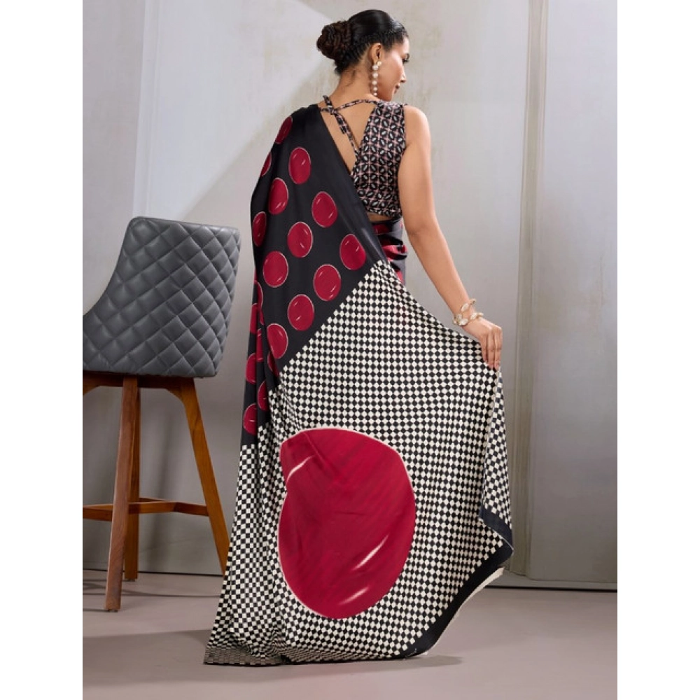 Women's Satin Crepe Printed Saree With Unstitched Blouse 5.5Mtr (Maroon)