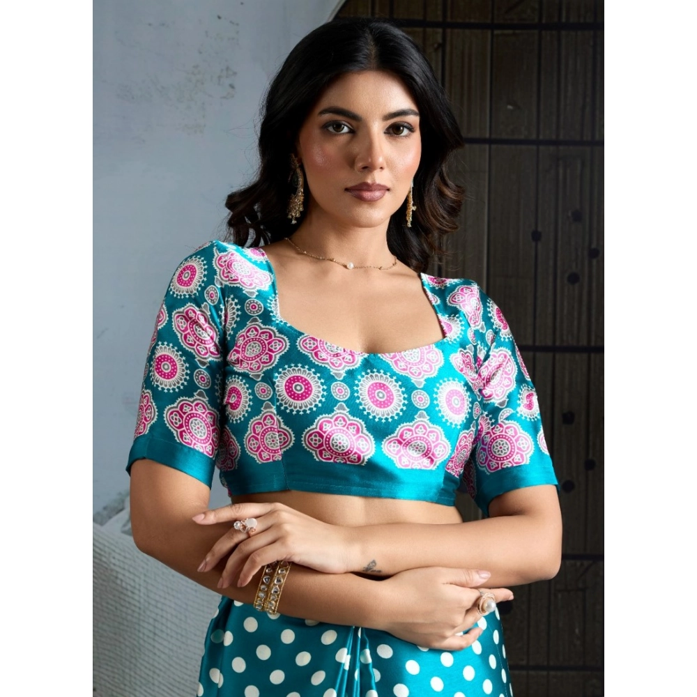 Women's Satin Crepe Printed Saree With Unstitched Blouse 5.5Mtr (Sky Blue)