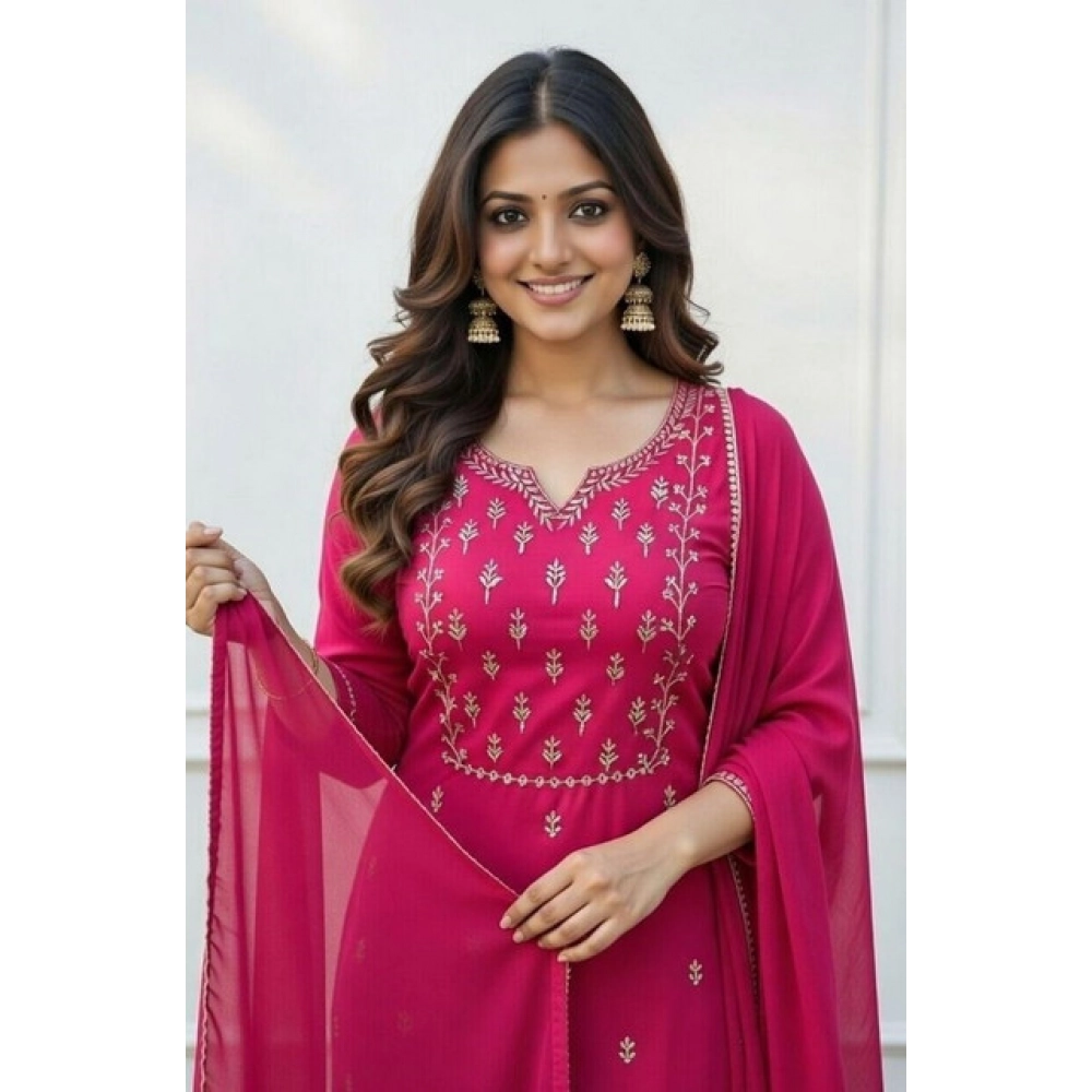 Women's Georgette Ethnic Motif Round 3/4th Sleeve Kurti With Pant Dupatta Set (Pink) Women's Georgette Ethnic Motif Round 3/4th Sleeve Kurti With Pant Dupatta Set (Pink)