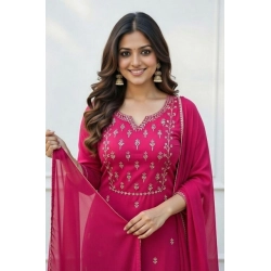 Women's Georgette Ethnic Motif Round 3/4th Sleeve Kurti With Pant Dupatta Set (Pink)